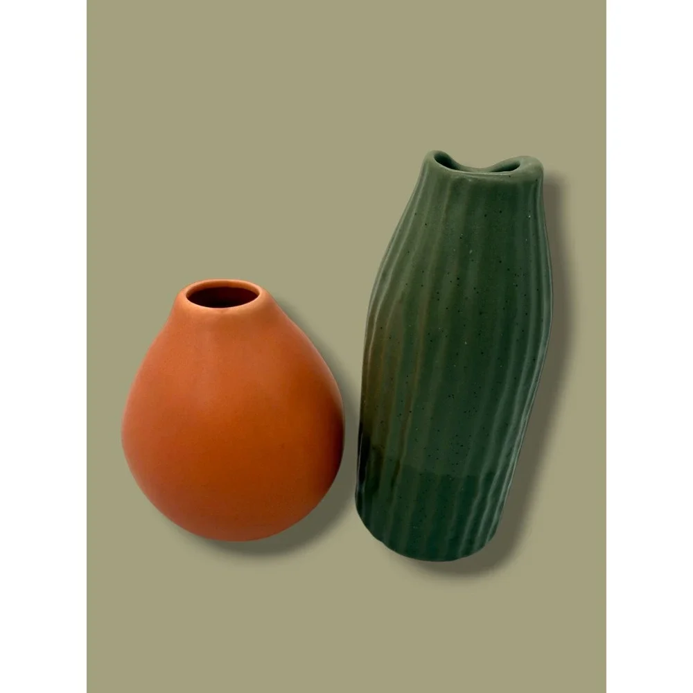 Anthropologie Ceramic Bud Vase Set Olive Green Ribbed & Terracotta Orange Matte